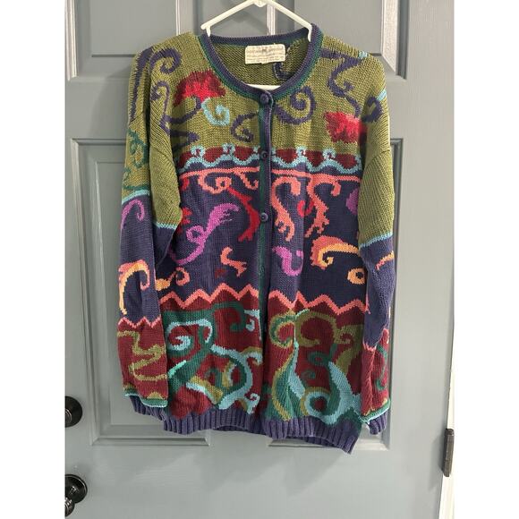 RARE Peruvian Connection Cardigan Sweater Sz L Floral Colorful 100% Pima Cotton - Picture 2 of 9